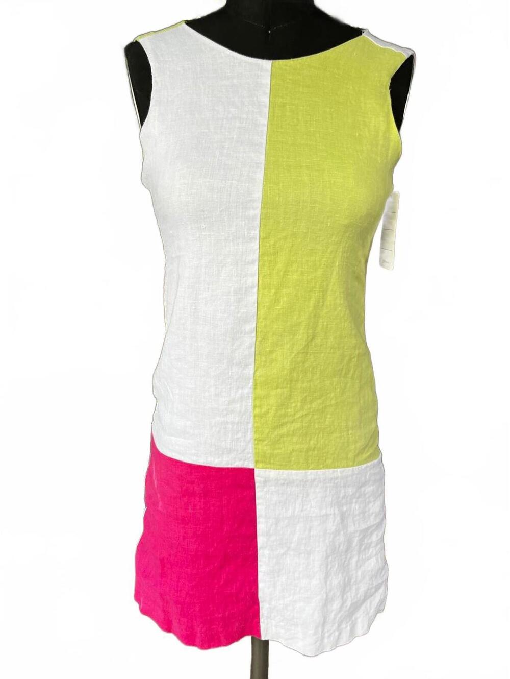 Vintage Colorblock Linen Mini Dress Mod 60s Style Pink Green White